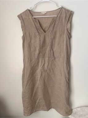 Garnet Hill Taupe Linen Pintuck V-Neck Shift Dress Sleeveless